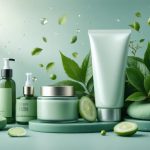 A styled composition featuring kratom leaves alongside high-end skincare products, representing the botanical trend in modern beauty.