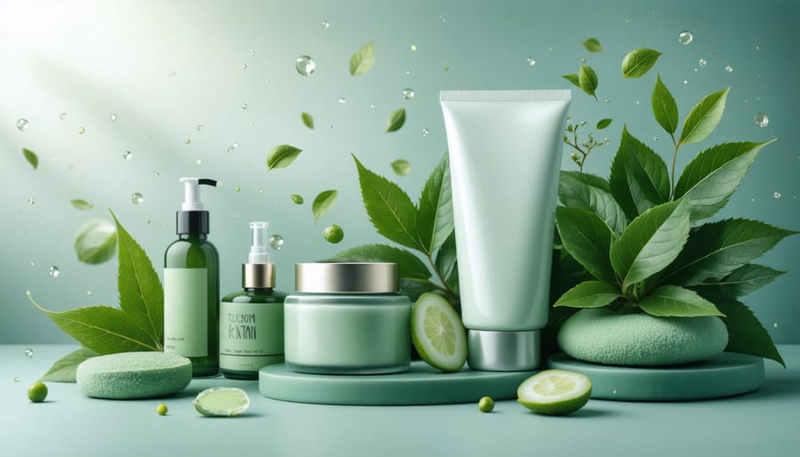 A styled composition featuring kratom leaves alongside high-end skincare products, representing the botanical trend in modern beauty.